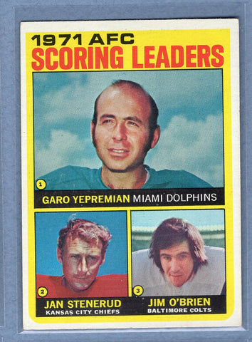 1972 Topps #7 AFC Scoring Leaders (Yepremian/Stenerud/O'Brien) EX-MT  GO210