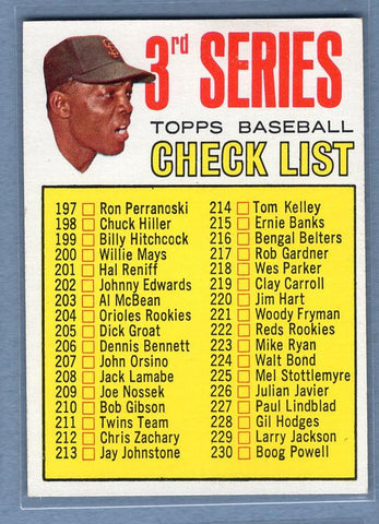 1967 Topps #191 3rd Series Checklist 197-283 (Willie Mays) (HOF) (214 is Tom Kelley) EX-MT  GO446