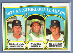 1972  Topps #96 A.L. Strikeout Leaders (Blue, Coleman, Lolich) Ex-Nm